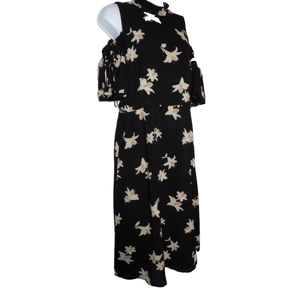 June & Hudson Dress Cold Shoulder Large Black Floral Midi Keyhole Sundress - Picture 14 of 15